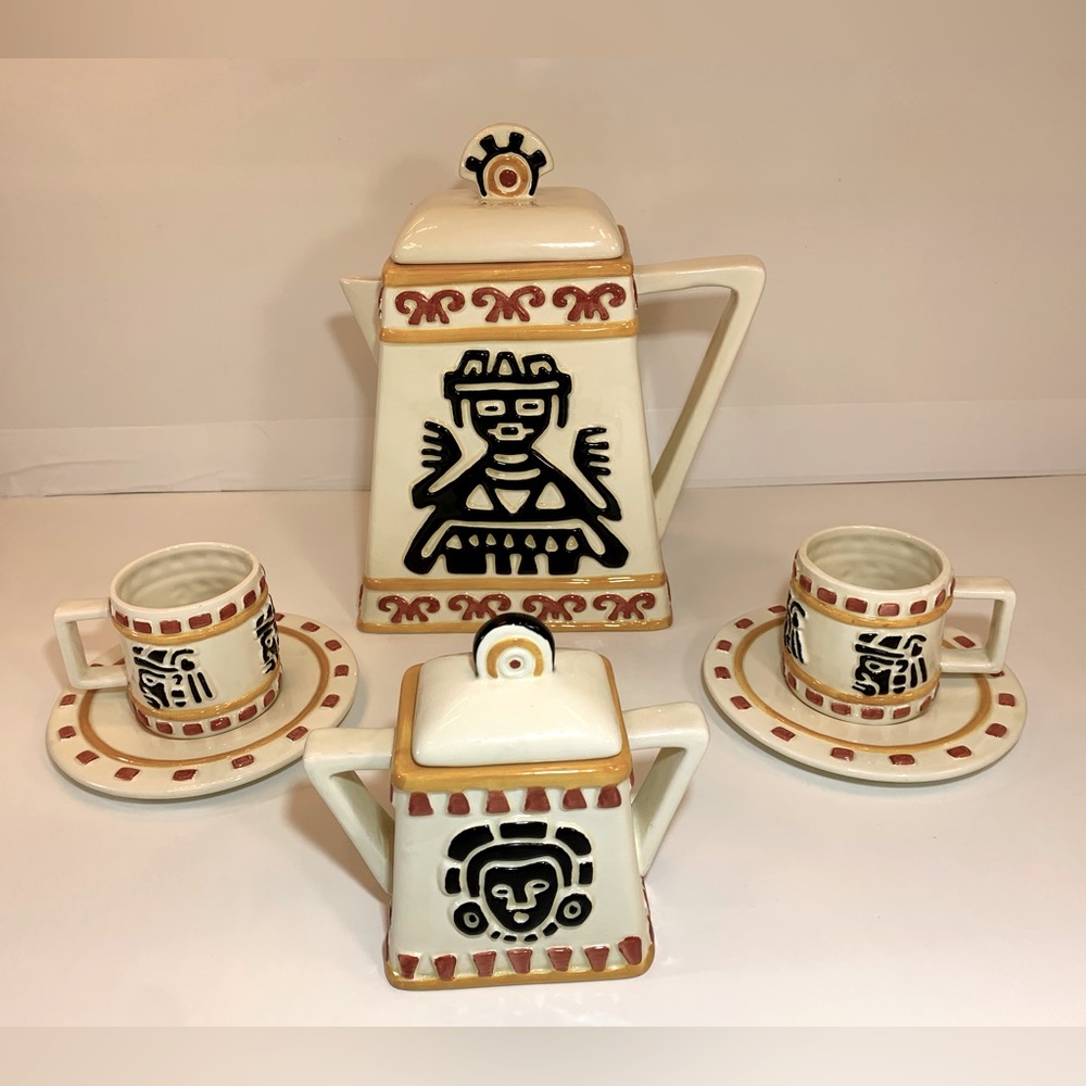Vintage 1995 Clay Art Aztec espresso set/ home decor